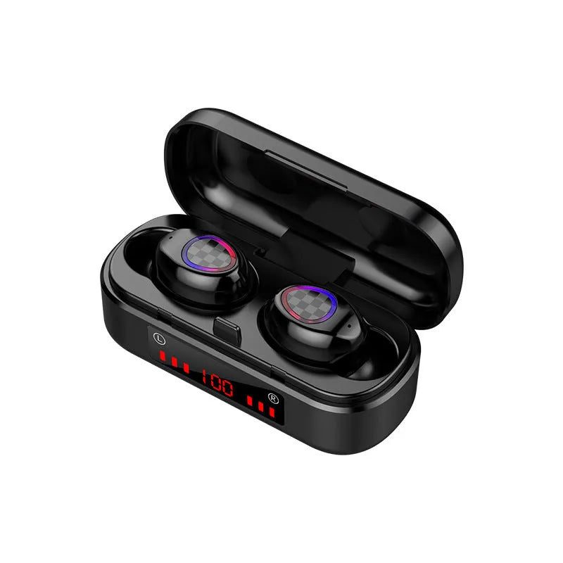 Black V8 sports wireless Bluetooth headset with earplug design showing battery display