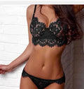 Black mesh lace lingerie set with polyester fabric, including bra and briefs