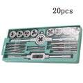 20-piece alloy steel hand tap and die set with silver or titanium-plated finish options.
