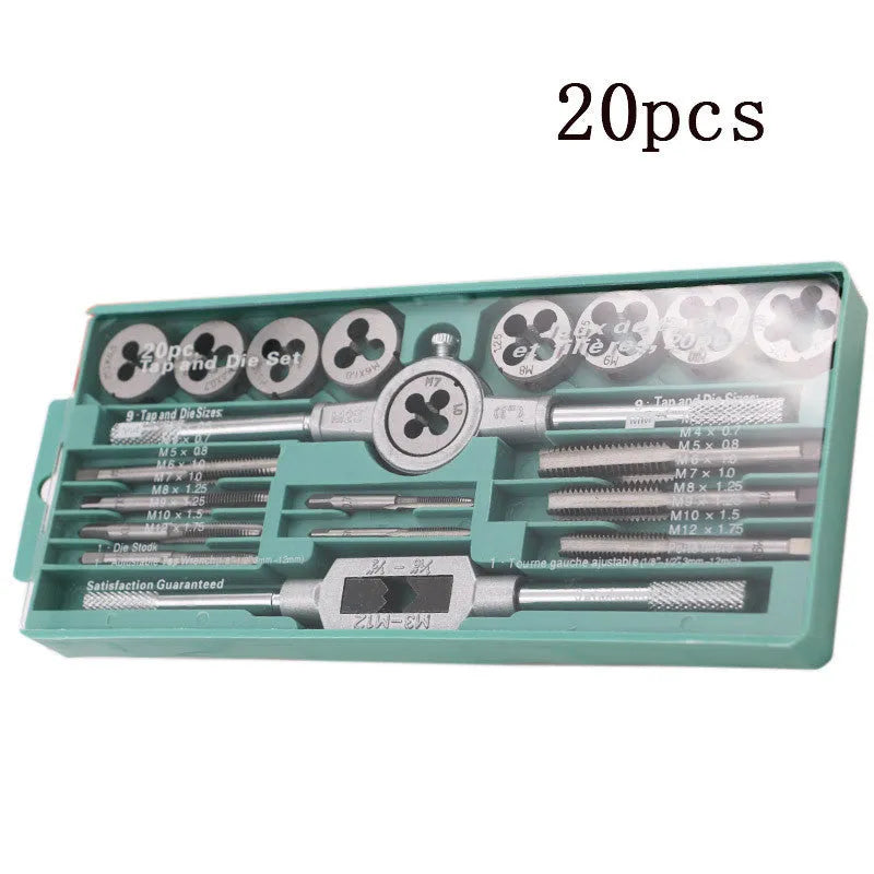 20-piece alloy steel hand tap and die set with silver or titanium-plated finish options.