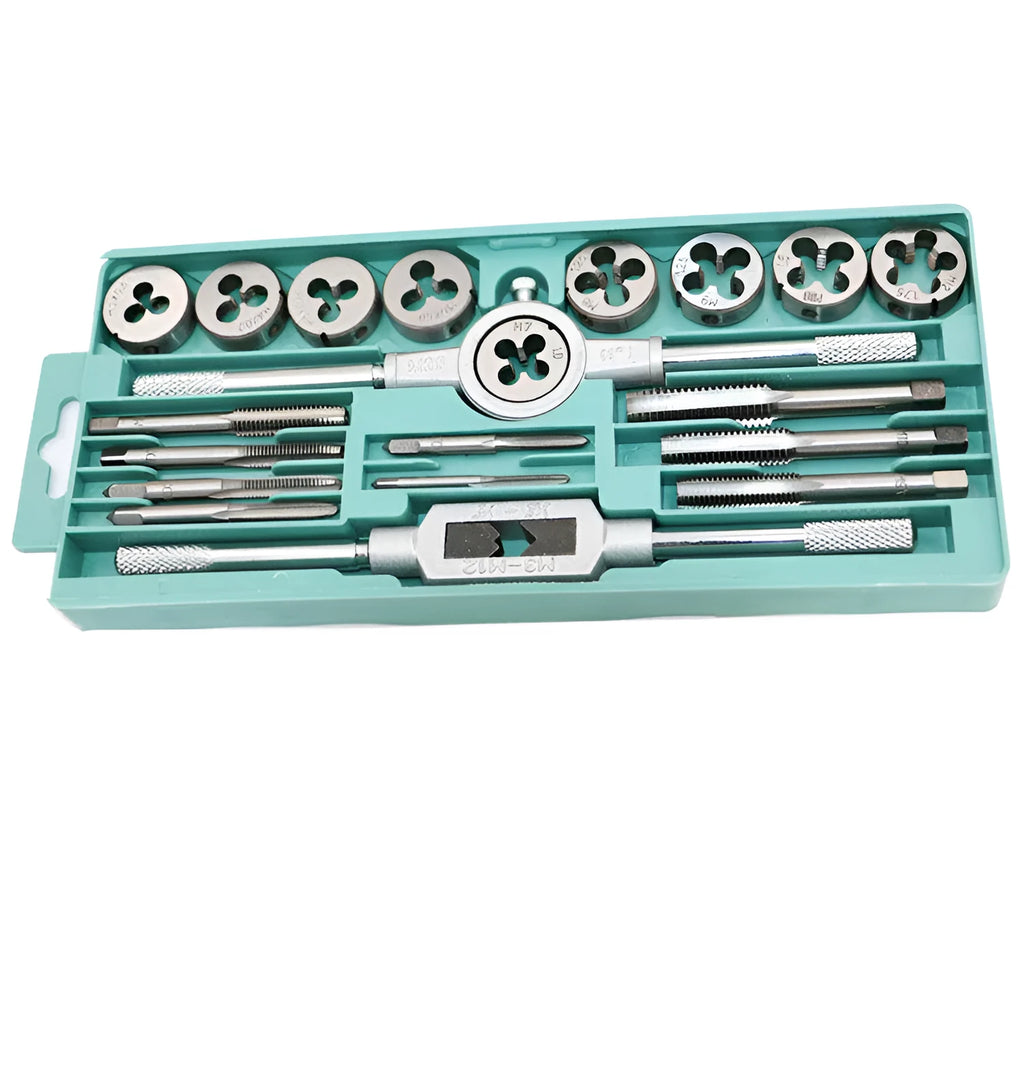 Hand tap and die set with silver and titanium-plated tools in a metal case.