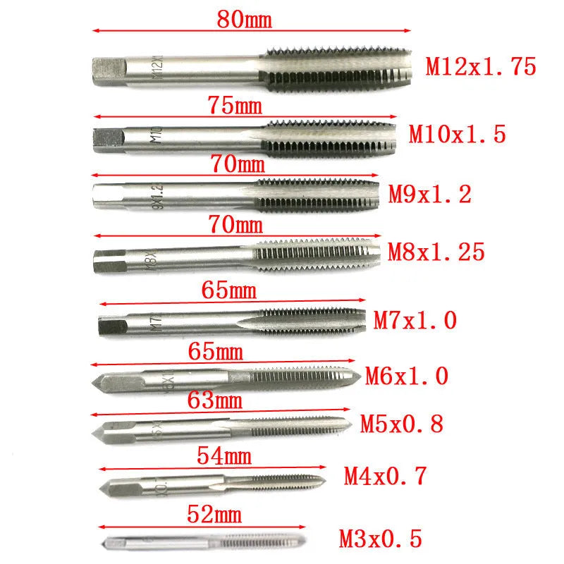 20-piece alloy steel hand tap and die set with silver or titanium-plated finish options.