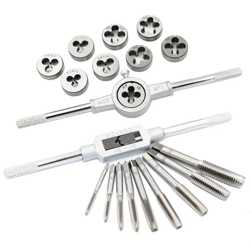 Hand tap and die set with silver and titanium-plated tools in a metal case.