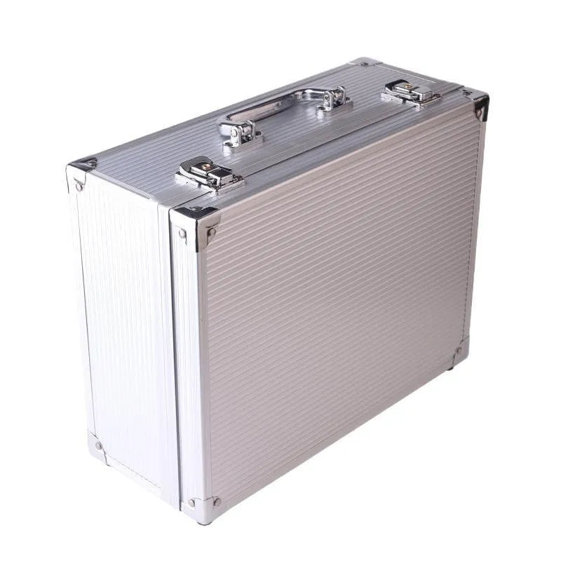 Black aluminium alloy tattoo equipment storage box with internal dividers open.
