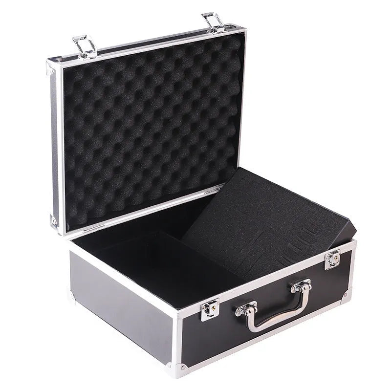Black aluminium alloy tattoo equipment storage box with internal dividers open.