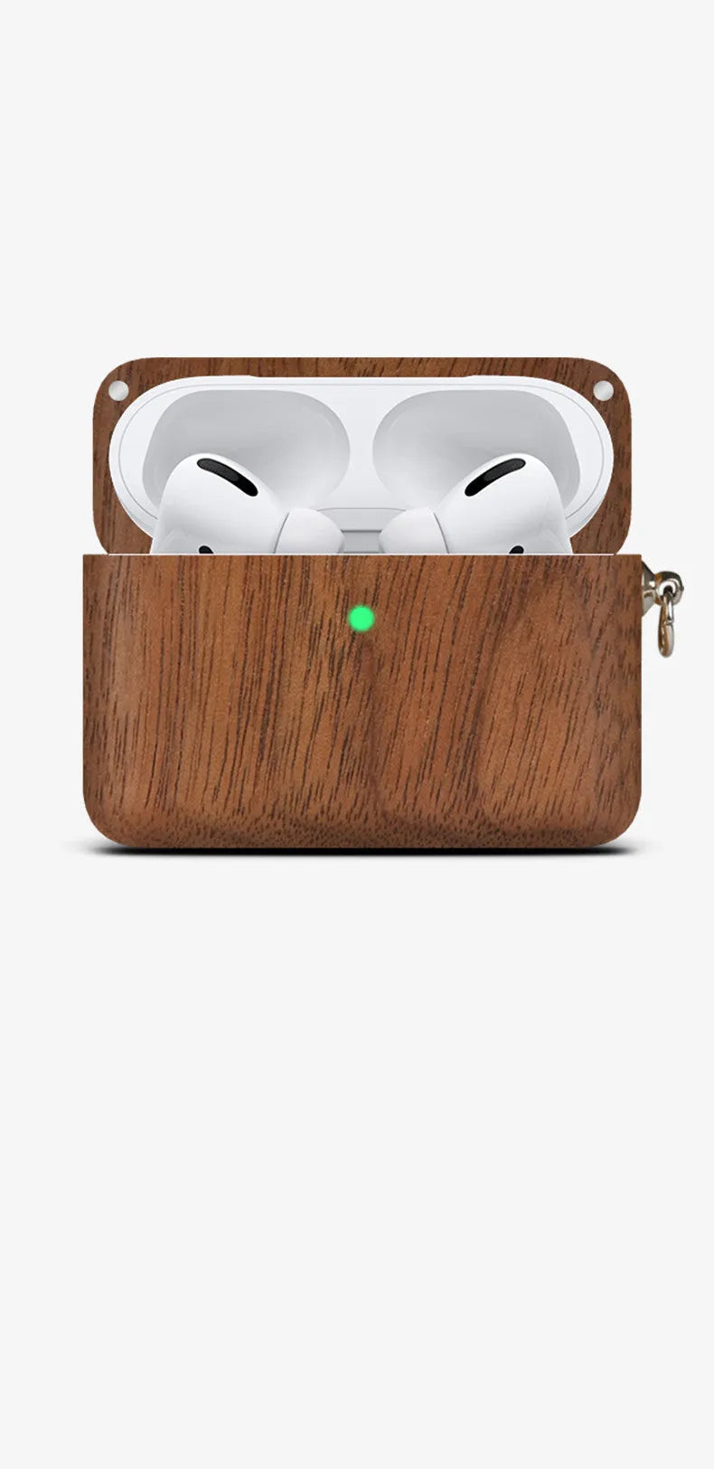 LZL W1-1 wireless Bluetooth earphones with a solid wood hard shell protective case in a natural wood finish.