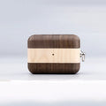 LZL W1-1 wireless Bluetooth earphones with a solid wood hard shell protective case in a natural wood finish.