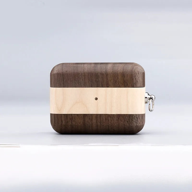 LZL W1-1 wireless Bluetooth earphones with a solid wood hard shell protective case in a natural wood finish.