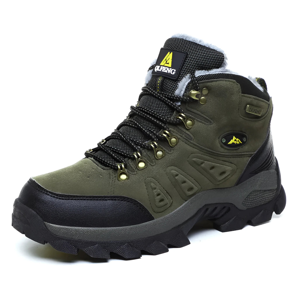 Large size waterproof hiking shoes with warm cotton lining, front tie, in Army Green, Brown, or Dark Grey
