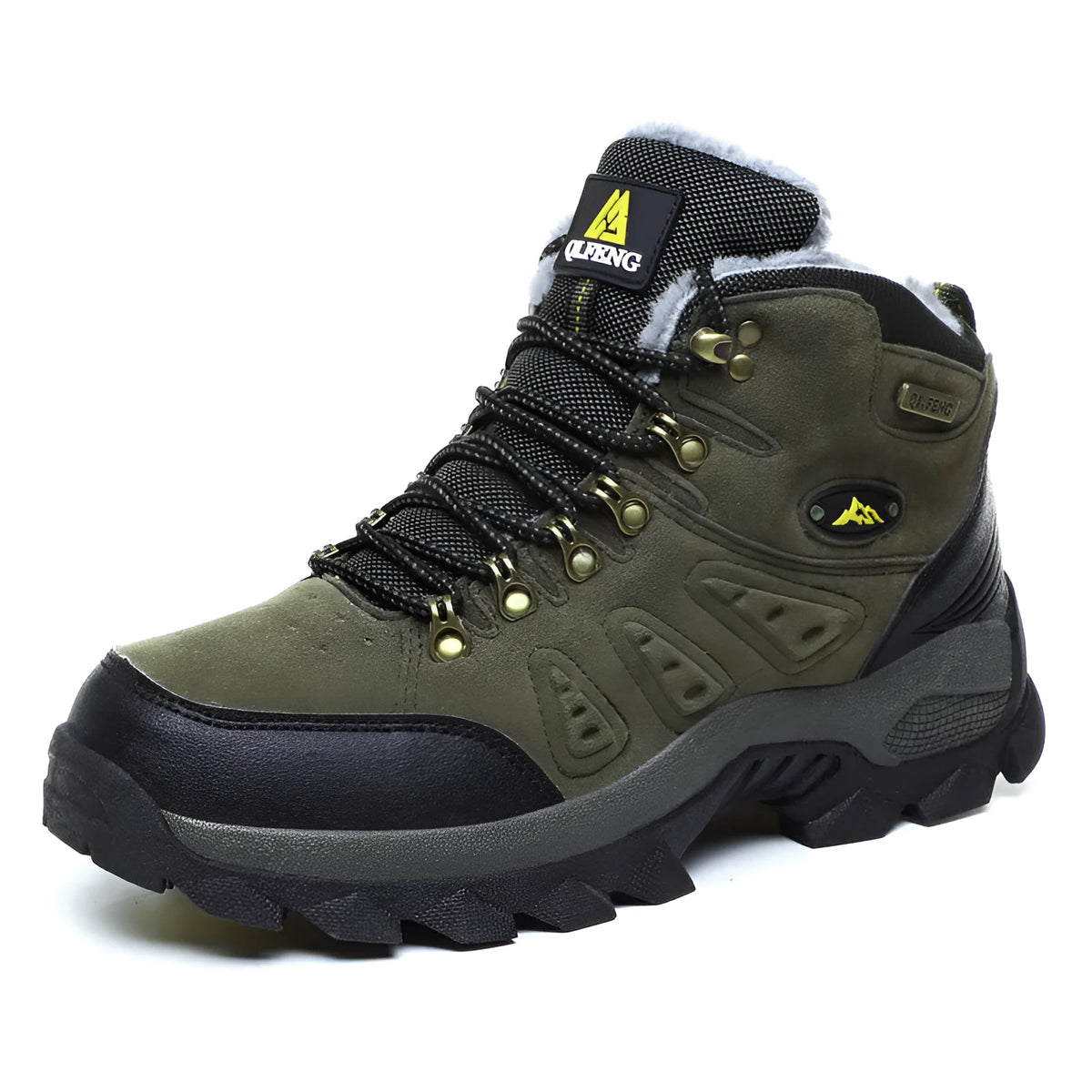 Large size waterproof hiking shoes with warm cotton lining, front tie, in Army Green, Brown, or Dark Grey