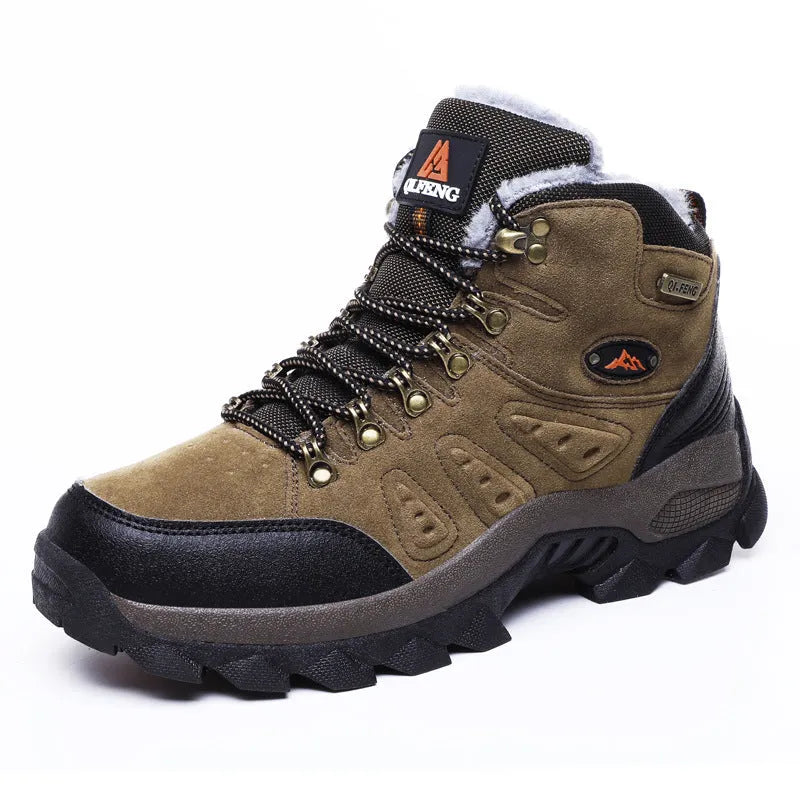 Large size waterproof hiking shoes with warm cotton lining, front tie, in Army Green, Brown, or Dark Grey