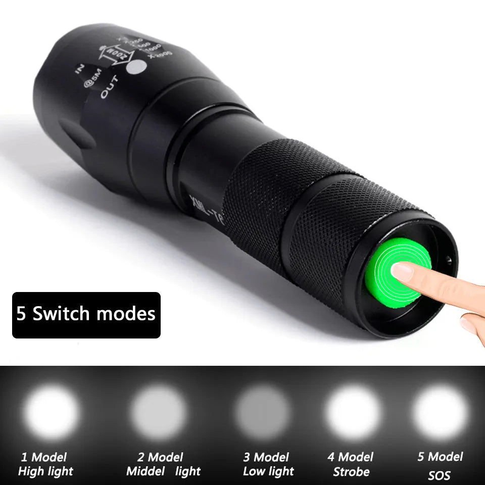 Black rechargeable LED flashlight with telescopic focus and aluminium alloy body, 137x34x27mm