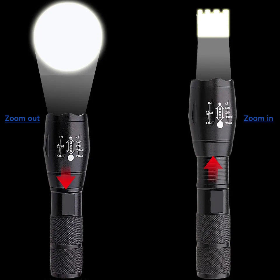 Black rechargeable LED flashlight with telescopic focus and aluminium alloy body, 137x34x27mm