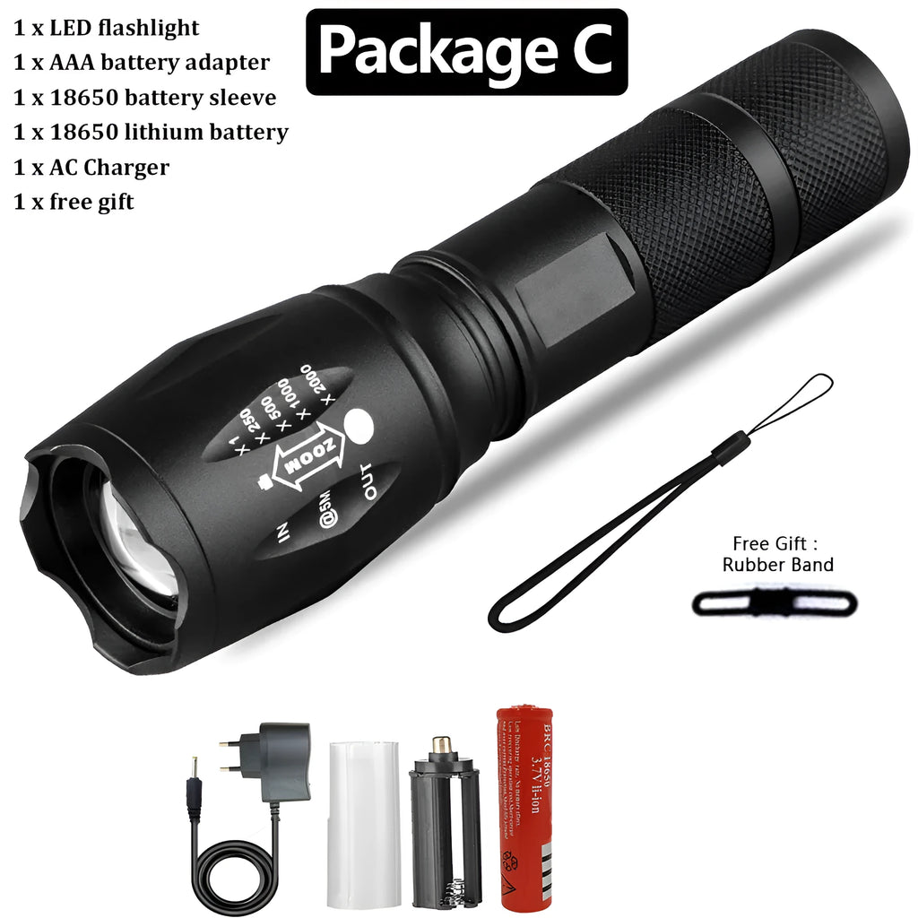 Black rechargeable LED flashlight with telescopic focus and aluminium alloy body, 137x34x27mm