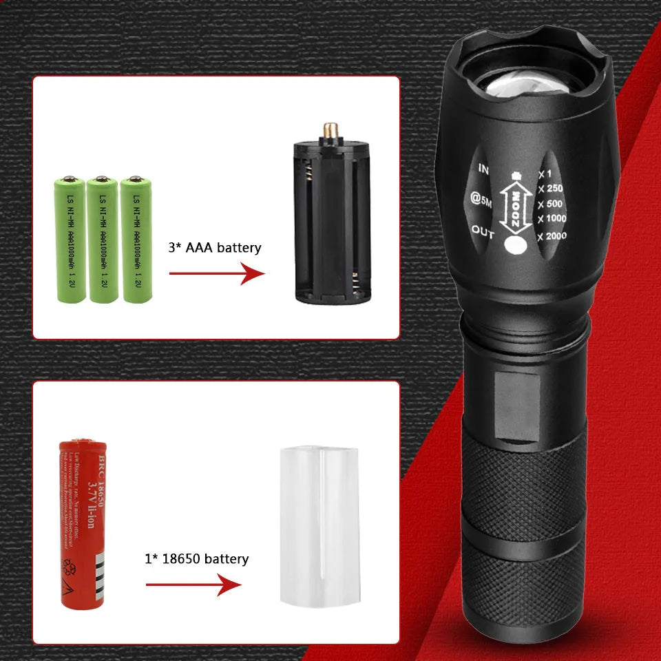 Black rechargeable LED flashlight with telescopic focus and aluminium alloy body, 137x34x27mm