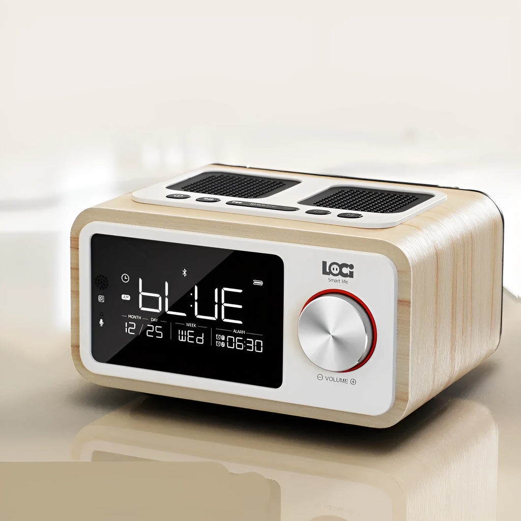 Wooden Bluetooth speaker alarm clock radio in golden oil colour on a bedside table.