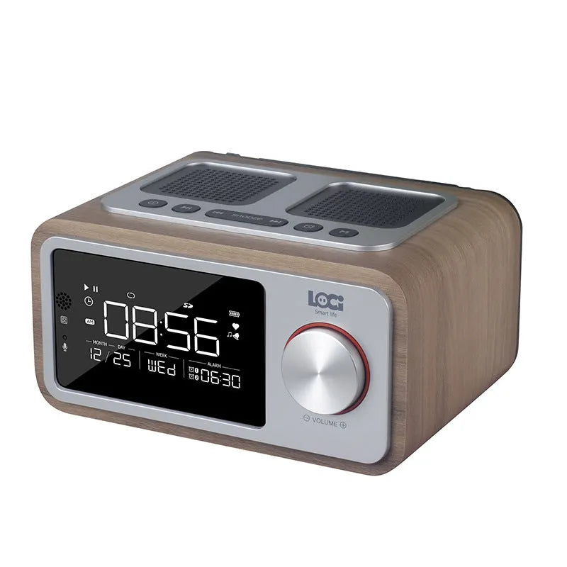 Wooden Bluetooth speaker alarm clock radio in golden oil colour on a bedside table.