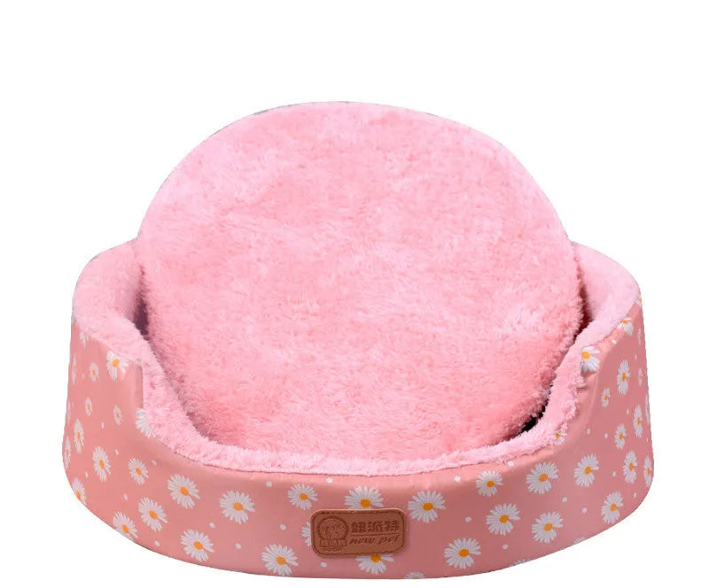 Washable sponge oval fossa pet bed in coffee footprints colour with Oxford cloth jacket