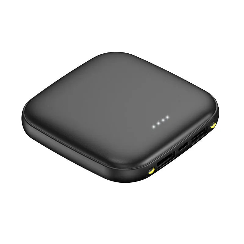 Compact black 20000mAh power bank with LED flashlight on a white background.