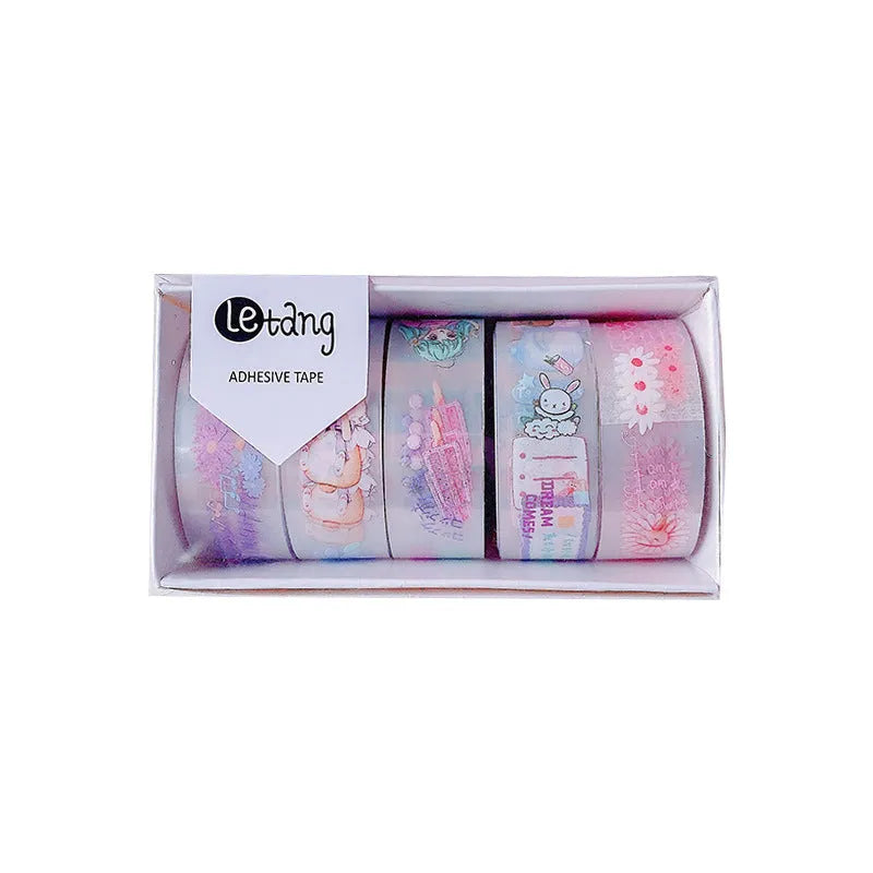 Cartoon aesthetic washi tape stickers featuring dinosaur, duck, cat, and rabbit designs for creative hand account journaling