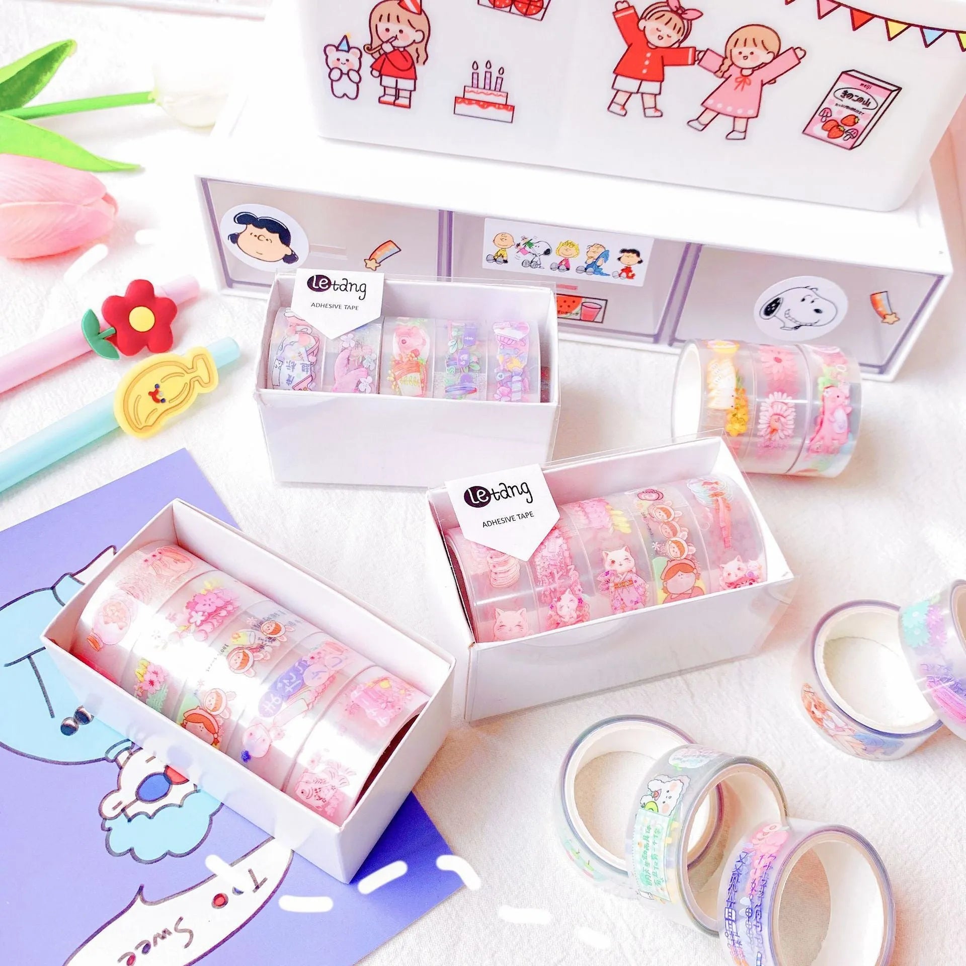 Cartoon aesthetic washi tape stickers featuring dinosaur, duck, cat, and rabbit designs for creative hand account journaling