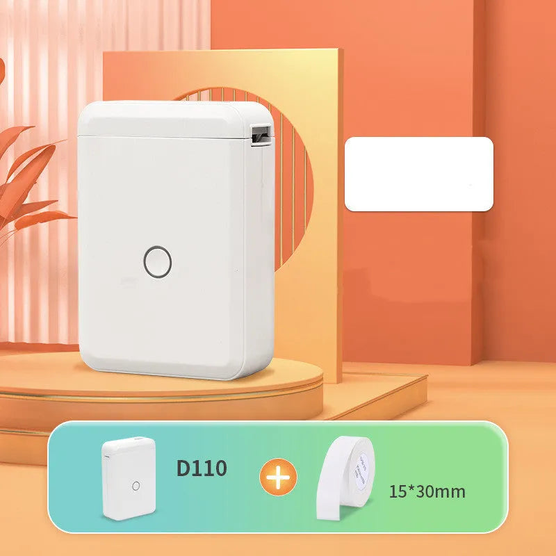 White portable Bluetooth thermal label printer, 100x70x20mm, with 1200mAh battery and 203dpi printing accuracy.