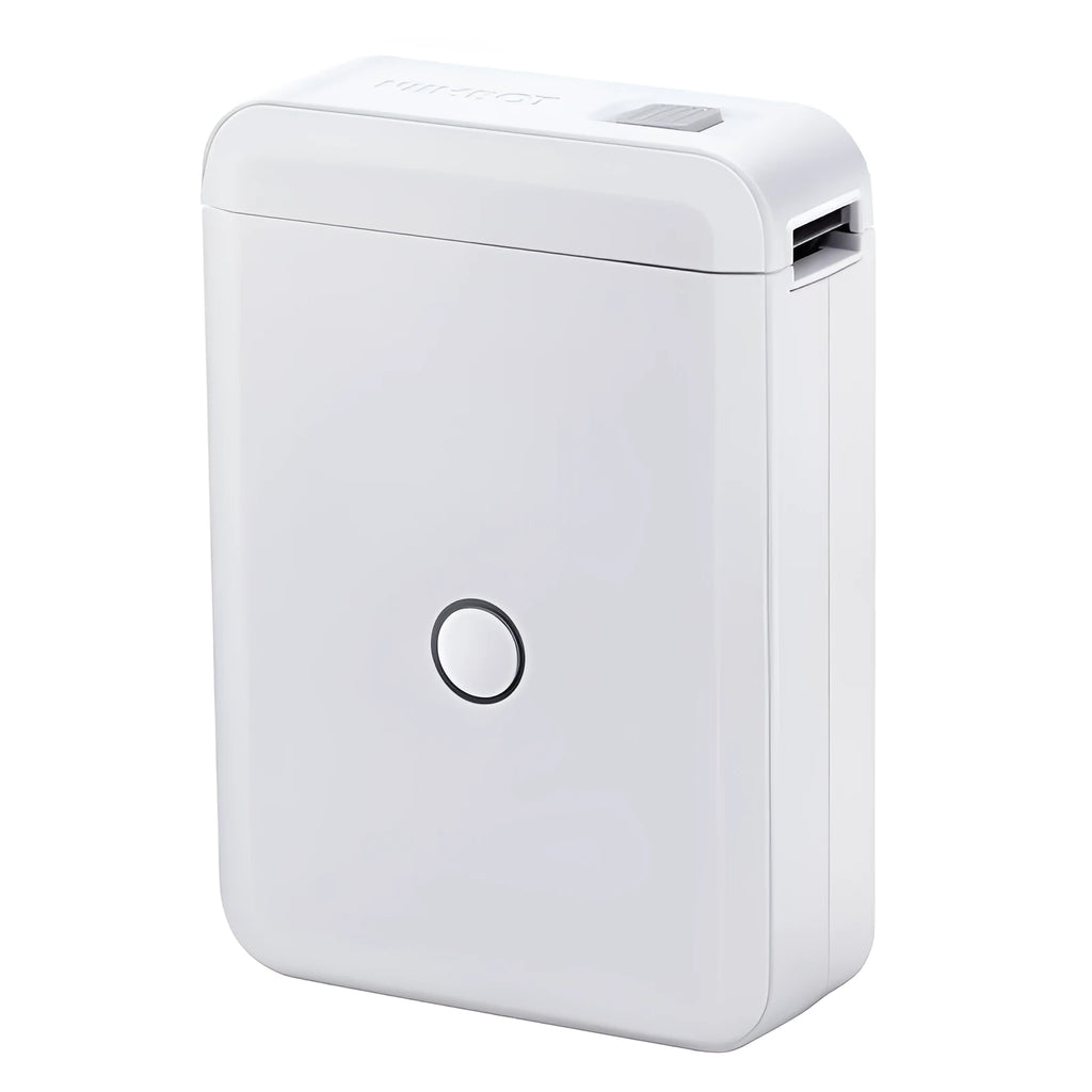 White portable Bluetooth thermal label printer, 100x70x20mm, with 1200mAh battery and 203dpi printing accuracy.