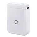 White portable Bluetooth thermal label printer, 100x70x20mm, with 1200mAh battery and 203dpi printing accuracy.