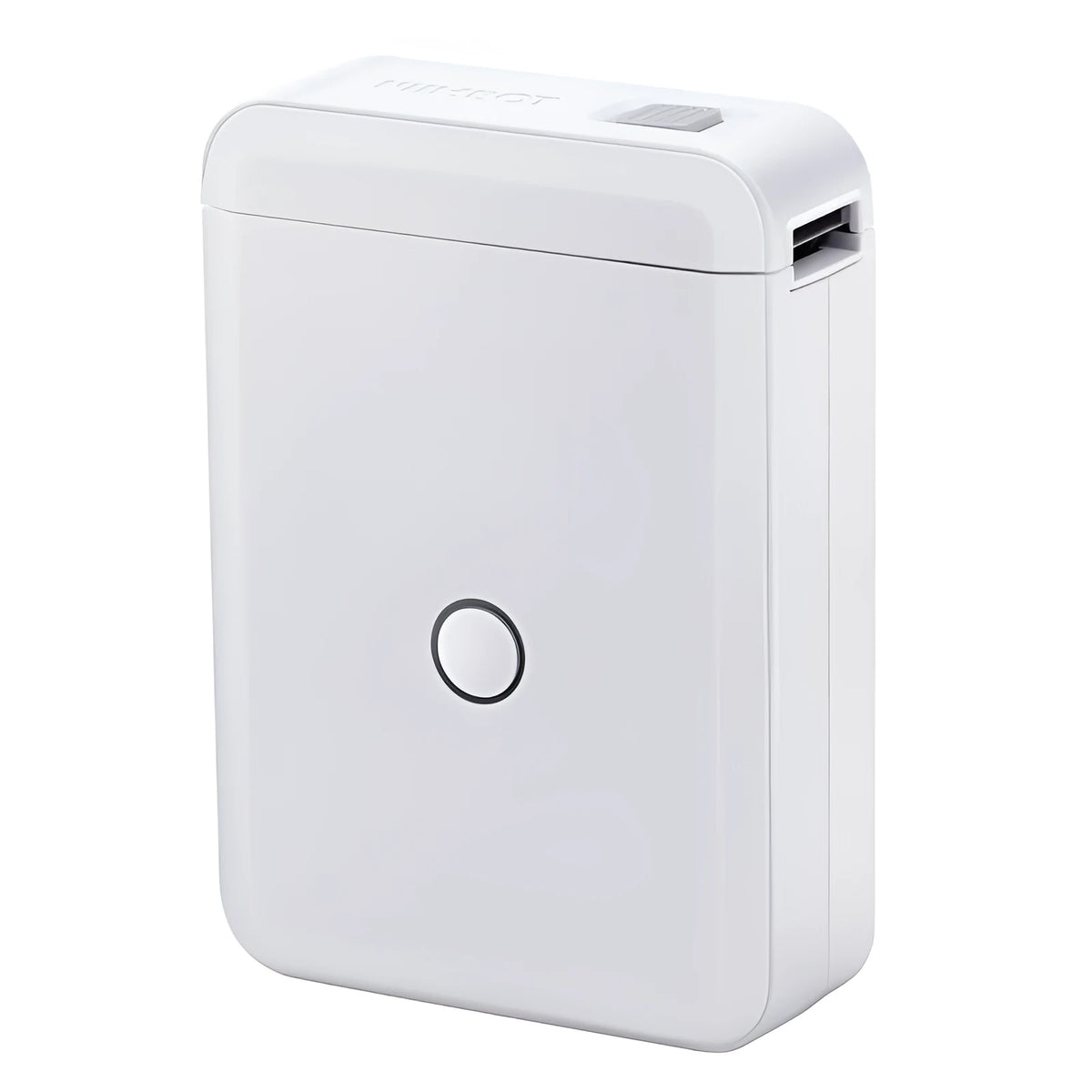 White portable Bluetooth thermal label printer, 100x70x20mm, with 1200mAh battery and 203dpi printing accuracy.