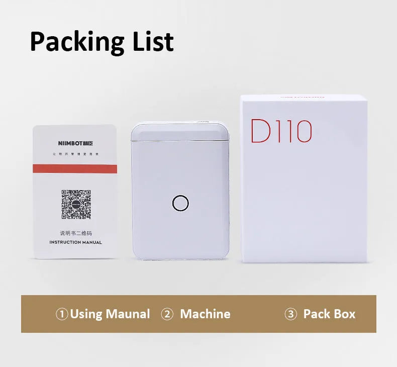 White portable Bluetooth thermal label printer, 100x70x20mm, with 1200mAh battery and 203dpi printing accuracy.