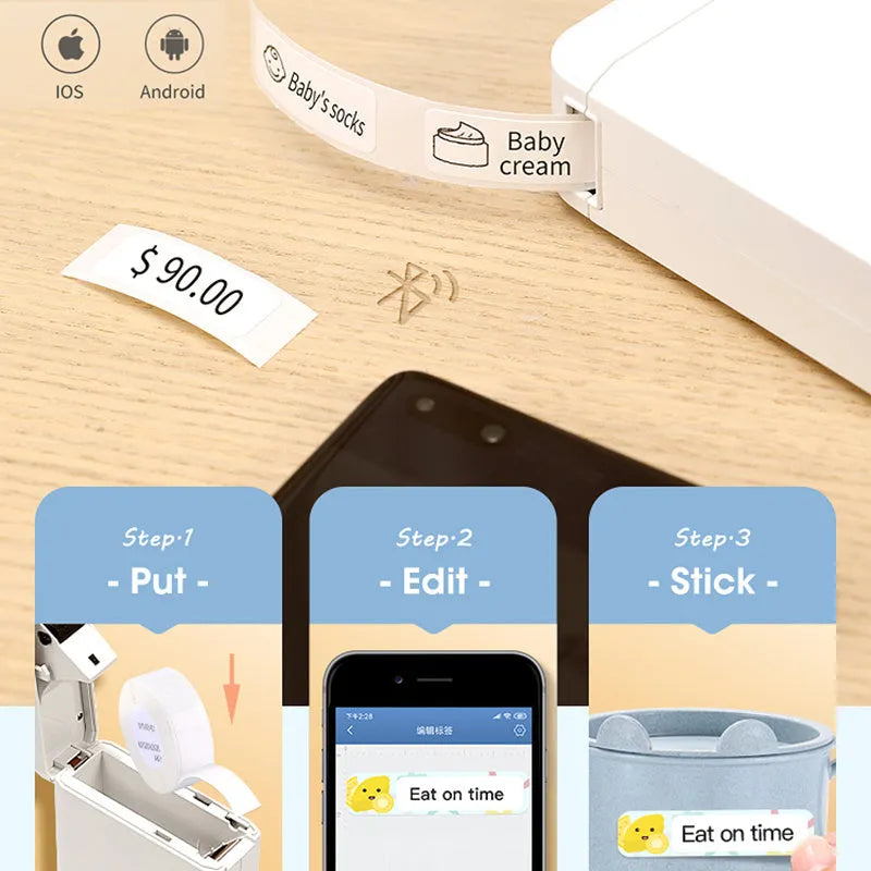 White portable Bluetooth thermal label printer, 100x70x20mm, with 1200mAh battery and 203dpi printing accuracy.