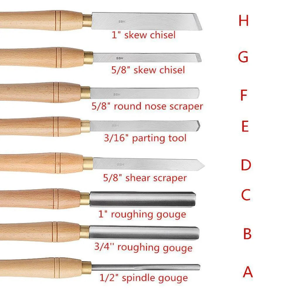 High-end eight-piece wooden box containing a set of handheld steel woodturning tools.