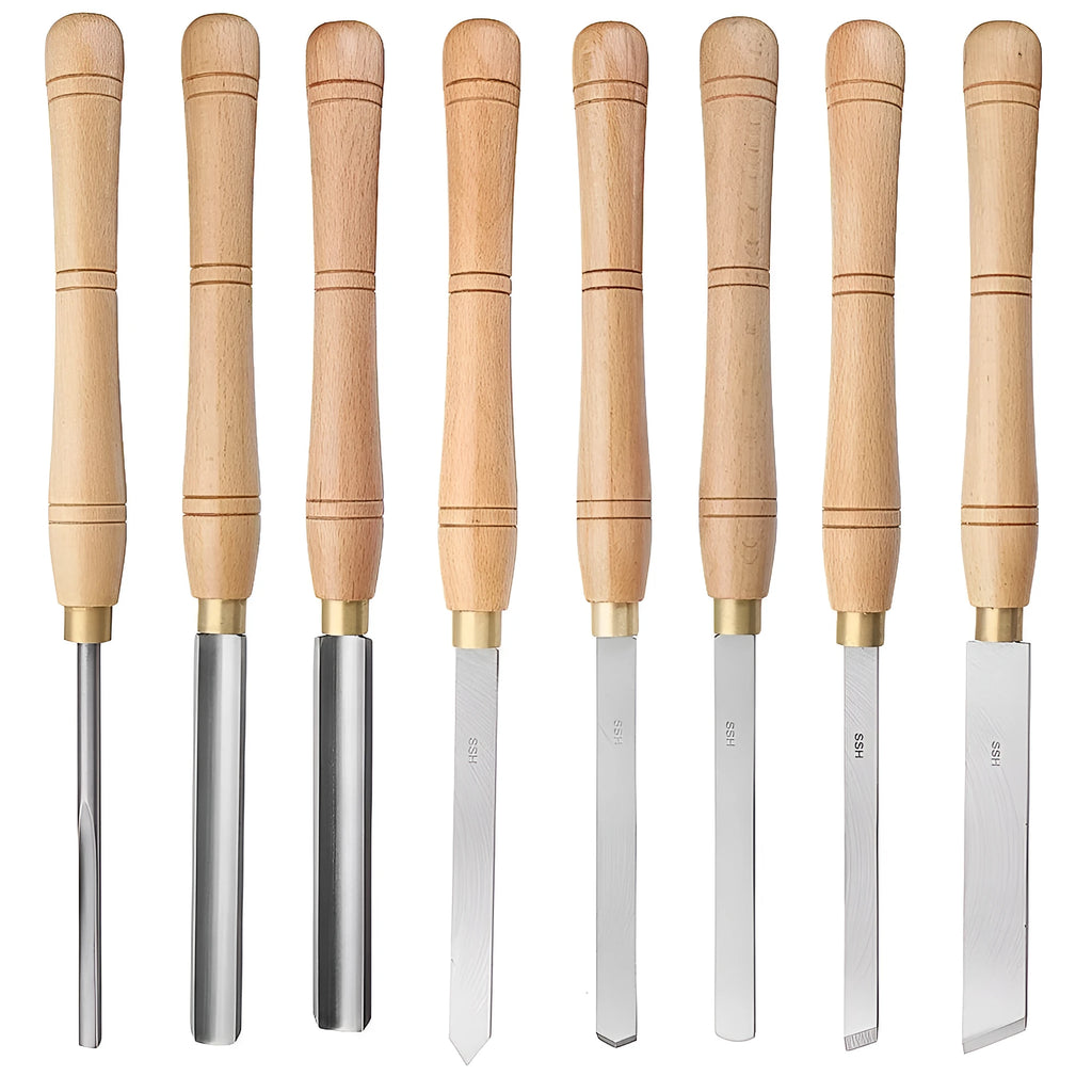 High-end eight-piece wooden box containing a set of handheld steel woodturning tools.