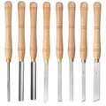 Wooden box open to show eight chrome vanadium steel woodturning tools with varied cutting profiles.