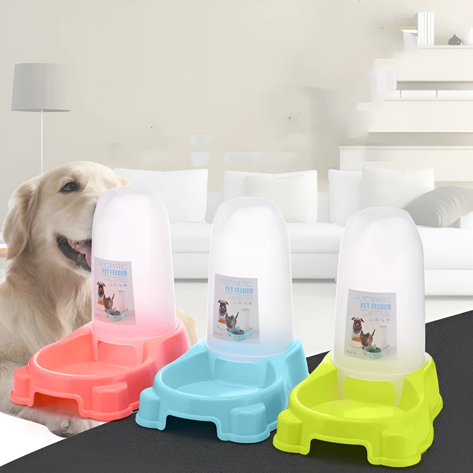 Pet automatic dual compartment food and water dispenser bowl in new PP material, 27.5x17.7cm, blue colour with separate sections