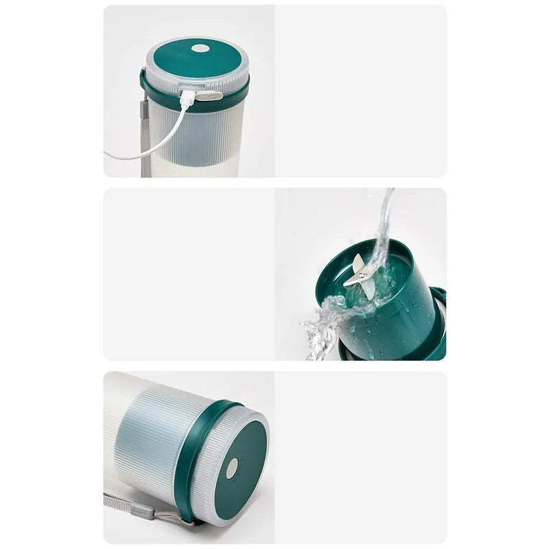 Portable pink USB rechargeable electric juicer cup with pulp box, shown with dimensions