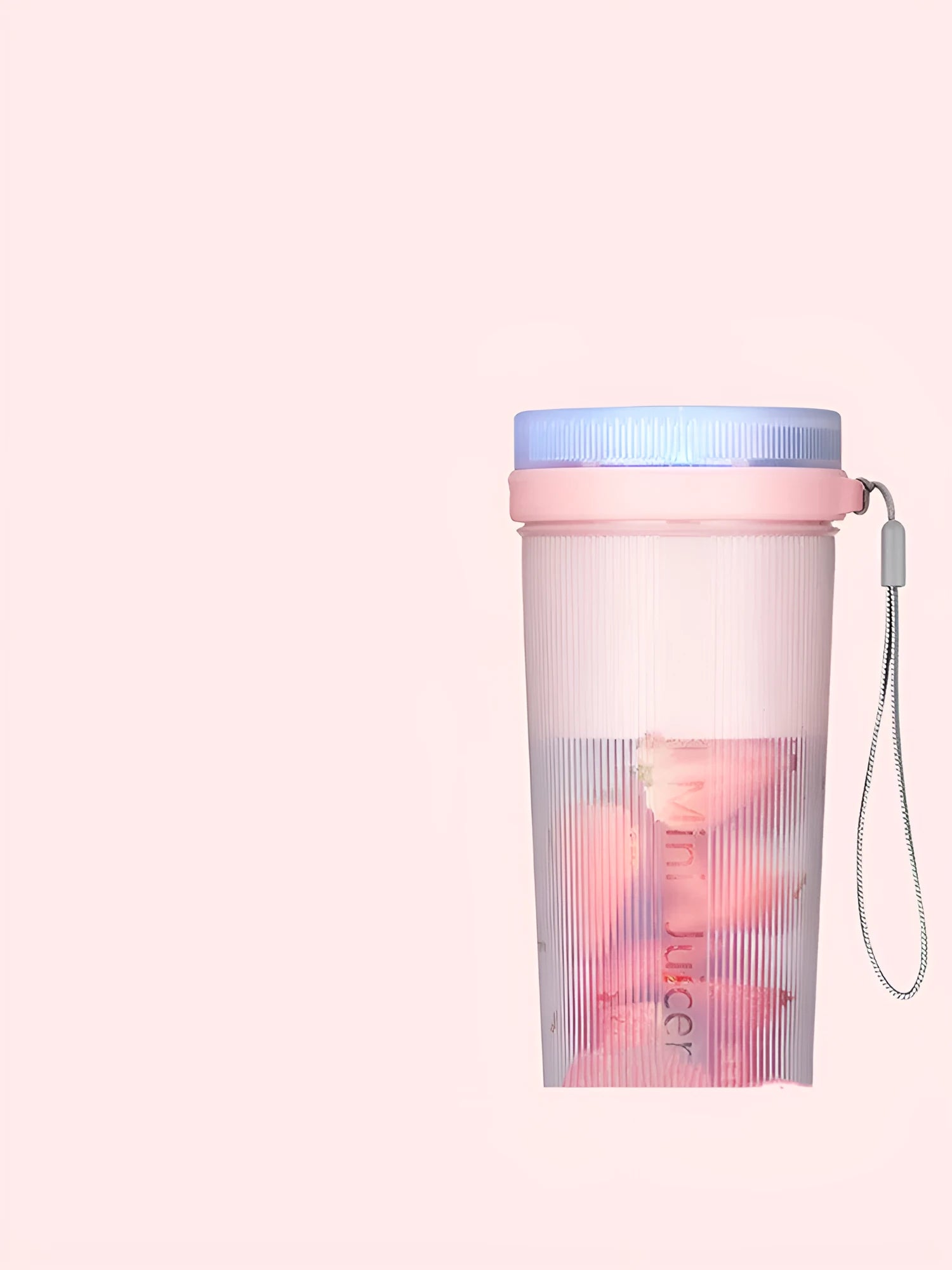 Portable pink USB rechargeable electric juicer cup with pulp box, shown with dimensions