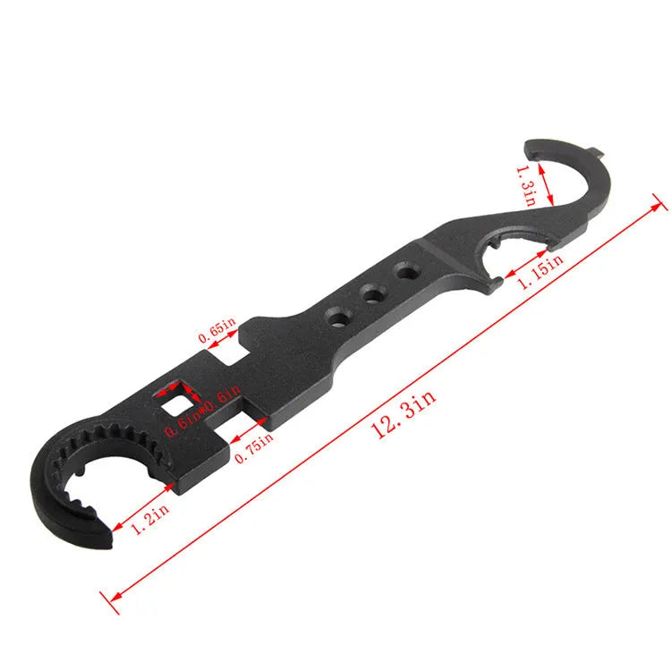 Black all-steel AR-15 M4 multi-function combination wrench for armourer use.