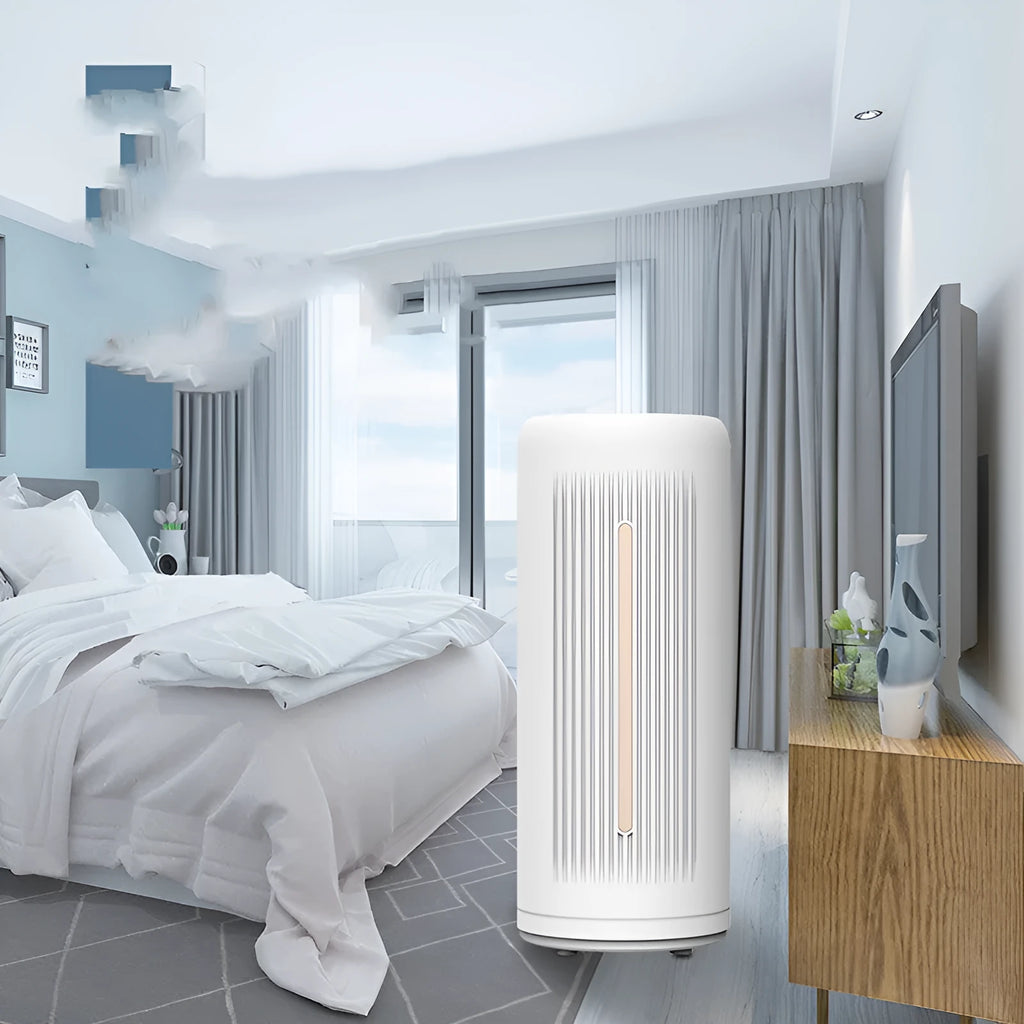 New smart air purifier in silver white for indoor smoke and dust removal with touch control and remote