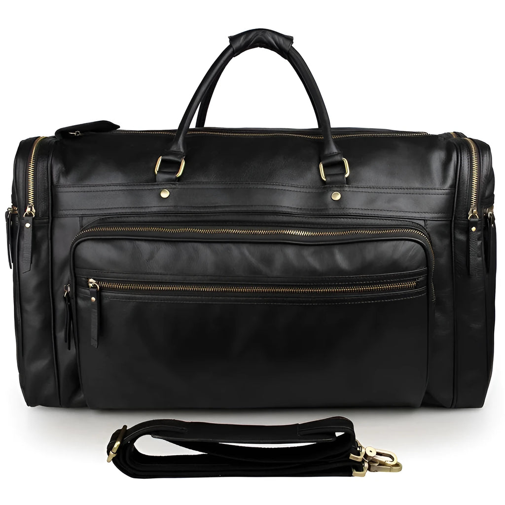 Large first layer cowhide leather travel bag black with zipper closure and shoulder strap