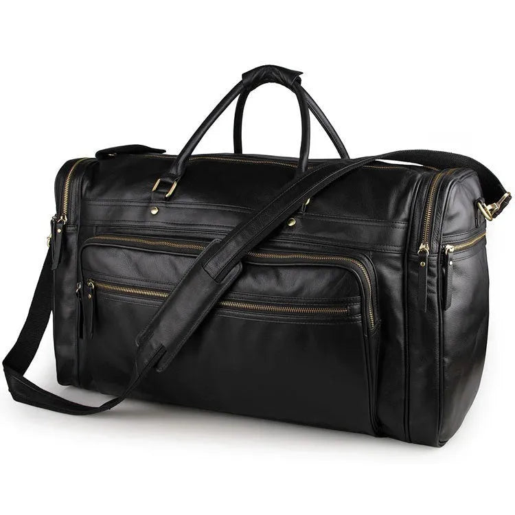 Large first layer cowhide leather travel bag black with zipper closure and shoulder strap
