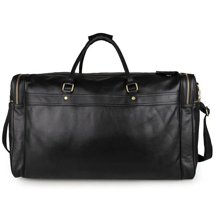 Large first layer cowhide leather travel bag black with zipper closure and shoulder strap