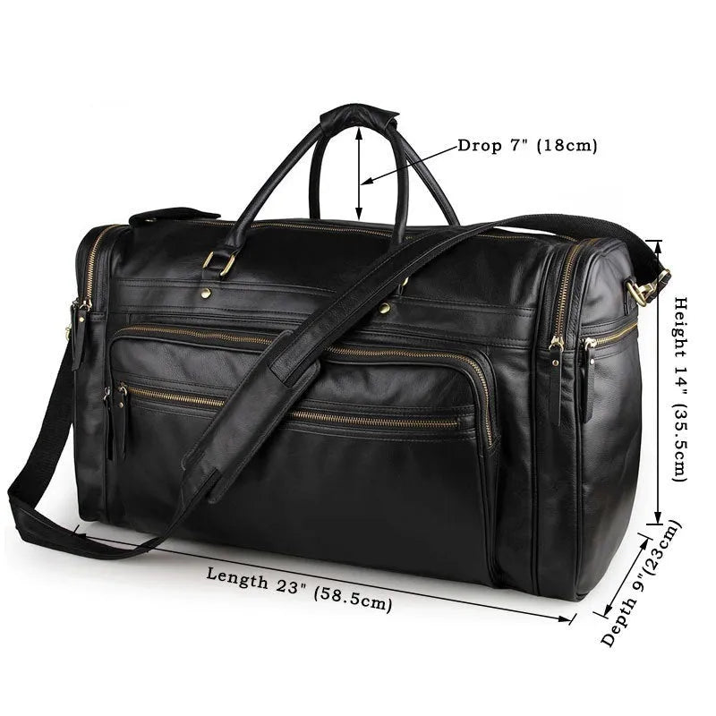 Large first layer cowhide leather travel bag black with zipper closure and shoulder strap