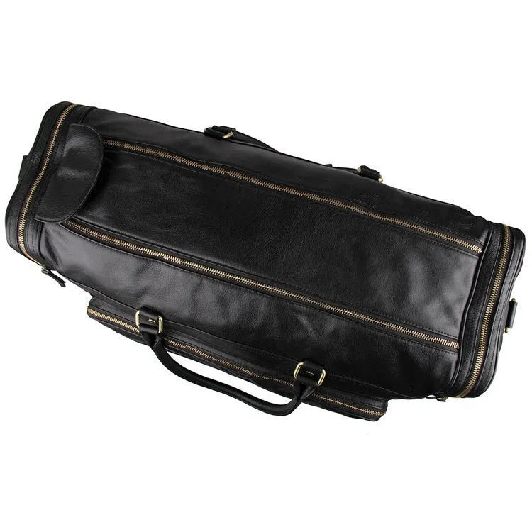 Large first layer cowhide leather travel bag black with zipper closure and shoulder strap