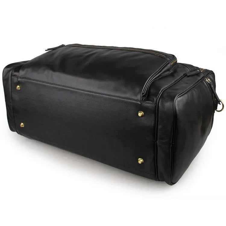 Large first layer cowhide leather travel bag black with zipper closure and shoulder strap