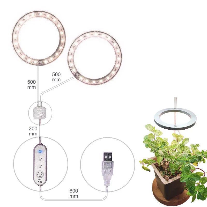 USB-powered LED grow light with zinc alloy casing for indoor plants measuring 90mm diameter