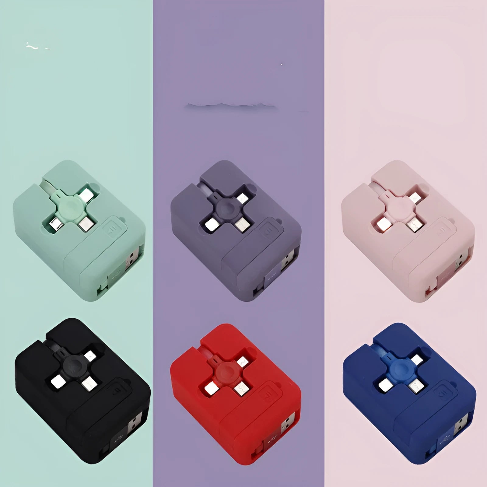 Macaron retractable three-in-one charging cable with Lightning, Micro USB and USB-C connectors in assorted colours