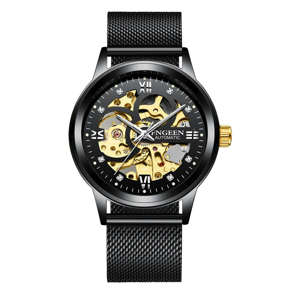 Men's luminous stainless steel mechanical watch with 40mm dial and black dial on golden steel strap