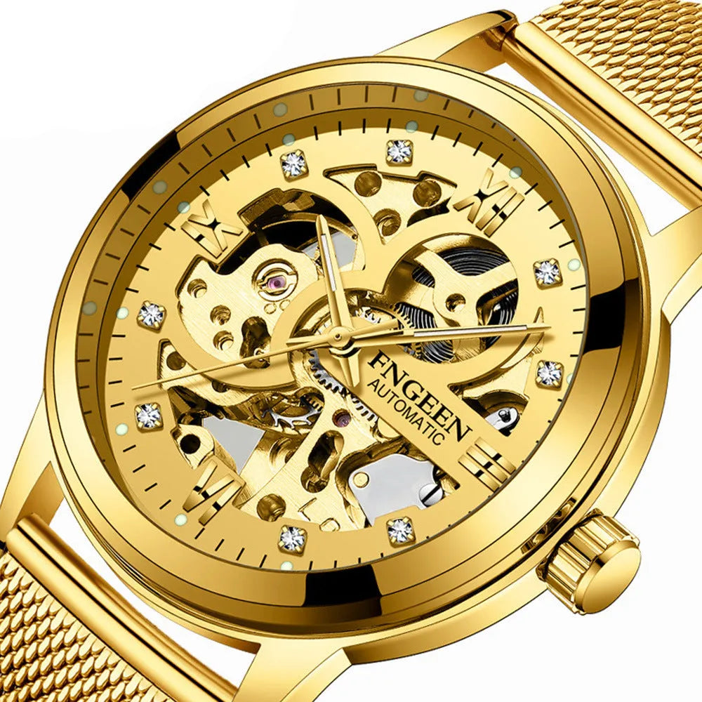 Men's luminous stainless steel mechanical watch with 40mm dial and black dial on golden steel strap