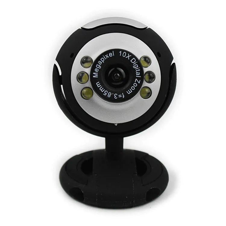 USB computer webcam with six white LED lights and a manual focus ring on the front.